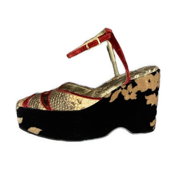 Womens Black Beige Red Genuine Snakeskin Velvet Platform Shoes Sandals 8 - Picture 1 of 5